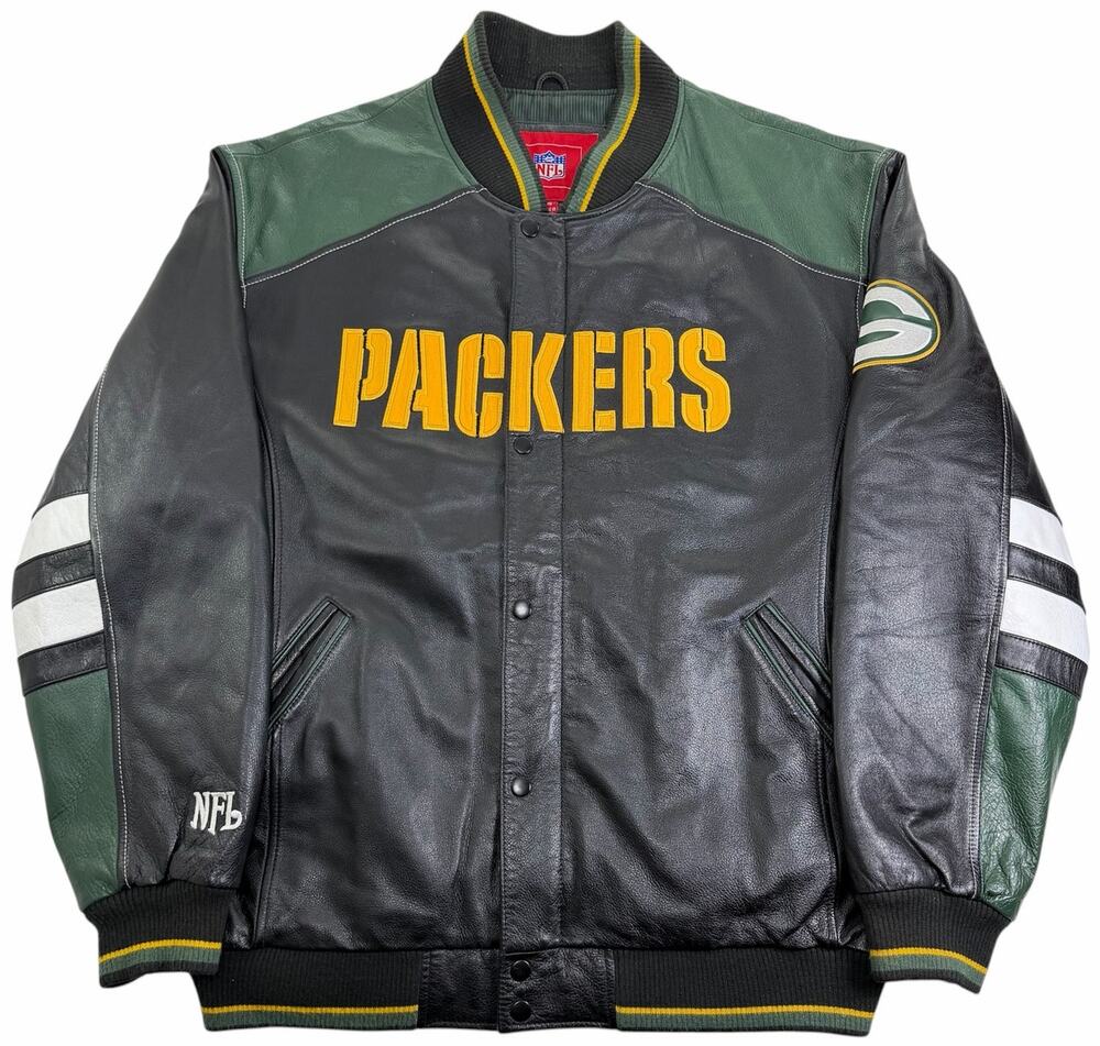 Vintage 90s Green Bay Packers Leather NFL Football Men's Large Bomber Jacket